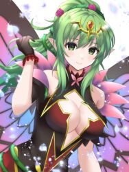 Rule 34 | 1girl, bare shoulders, black dress, black gloves, breasts, cleavage, cleavage cutout, closed mouth, clothing cutout, commentary request, dress, fairy wings, fire emblem, fire emblem awakening, fire emblem heroes, flower, gloves, green eyes, green hair, hair between eyes, hair flower, hair ornament, hair vines, highres, kakiko210, large breasts, looking at viewer, nintendo, official alternate costume, petals, plant, pointy ears, ponytail, red flower, red rose, rose, sidelocks, smile, solo, tiki (adult) (fire emblem), tiki (adult) (resplendent) (fire emblem), tiki (fire emblem), vines, white background, wings