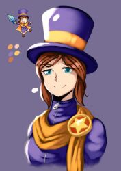Rule 34 | a hat in time, aged up, brown hair, hat adult, hat kid, looking at viewer, smile, star (symbol)