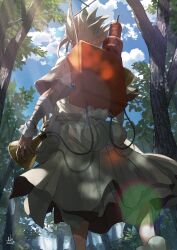 Rule 34 | 1boy, asuka (ppask), day, dr. stone, forest, from below, highres, holding, ishigami senkuu, lens flare, long hair, male focus, nature, outdoors, solo, spiked hair, sunlight, white hair