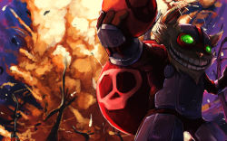 Rule 34 | 1boy, armor, bomb, commentary request, explosion, explosive, fur, goggles, league of legends, lower (lowerkuo), male focus, photoshop (medium), smile, solo, teeth, tree, ziggs