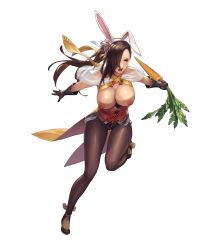 Rule 34 | 1girl, animal ears, breasts, breasts out, brown eyes, brown hair, carrot, cleavage, cuboon, fake animal ears, fire emblem, fire emblem fates, fire emblem heroes, full body, gloves, hair over one eye, highres, holding, kagero (fire emblem), large breasts, long hair, nintendo, nipples, nude filter, open mouth, pantyhose, rabbit ears, solo, thigh gap, third-party edit, transparent background