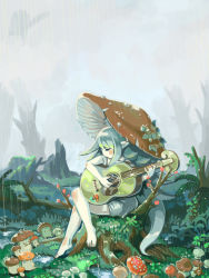 Rule 34 | 1girl, acoustic guitar, barefoot, blush, body blush, closed eyes, creature, crossed legs, dress, facing away, fern, fly agaric, fog, from side, grass, green dress, green hair, guitar, highres, hu hu, instrument, leaf, long hair, looking at another, moss, mushroom, mushroom girl, mushroom hat, music, nature, open mouth, original, outdoors, pale skin, plant, playing instrument, pointy ears, profile, puddle, rain, sitting, sitting on tree stump, solo, tree, tree stump, very long hair, water, wavy mouth, | |