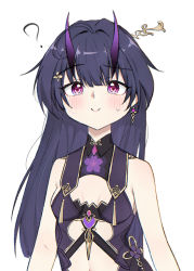 Rule 34 | 1girl, ?, alternate costume, bare shoulders, breasts, china dress, chinese clothes, cleavage, closed mouth, dress, earrings, hair ornament, highres, honkai (series), honkai impact 3rd, horns, jewelry, long hair, looking at viewer, purple dress, purple eyes, purple hair, qian xii, raiden mei, raiden mei (herrscher of thunder), simple background, single earring, sleeveless, sleeveless dress, smile, solo, white background