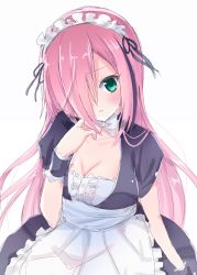 Rule 34 | 1girl, apron, black dress, blush, bow, breasts, cleavage, commentary request, dress, frilled apron, frills, green eyes, hair over one eye, head tilt, maid headdress, medium breasts, original, parted lips, pink hair, puffy short sleeves, puffy sleeves, short sleeves, simple background, sketch, solo, suzume anko, waist apron, white apron, white background, white bow, wrist cuffs