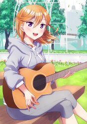 Rule 34 | 1girl, blush, capri pants, commentary request, crossed legs, grey jacket, grey pants, guitar, highres, hood, hooded jacket, instrument, jacket, long sleeves, love live!, love live! superstar!!, medium hair, music, open mouth, pants, playing instrument, purple eyes, qy73, shibuya kanon, sitting, smile, solo, swept bangs, teeth, upper teeth only
