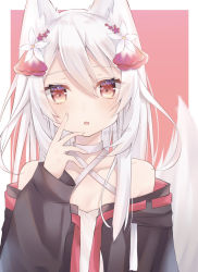 Rule 34 | 1girl, animal ear fluff, animal ears, bare shoulders, black jacket, blush, choker, collarbone, commentary, criss-cross halter, dress, flower, hair between eyes, hair flower, hair ornament, halterneck, hand up, highres, jacket, long hair, long sleeves, looking at viewer, off-shoulder jacket, off shoulder, original, parted lips, puffy long sleeves, puffy sleeves, red background, red eyes, red flower, ringouulu, sleeves past wrists, solo, symbol-only commentary, tail, tail raised, twitter username, two-tone background, white background, white choker, white dress, white flower, white hair