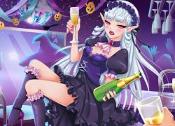 Rule 34 | alcohol, champagne, champagne bottle, champagne glass, choker, fap ceo, halloween, high heels, maid cap, party, red eyes, shoes, skirt, socks, vampire, victoria (fap ceo), white hair
