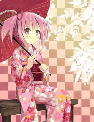 Rule 34 | 10s, 1girl, bad id, bad pixiv id, blush, hair ribbon, japanese clothes, kaname madoka, kimono, mahou shoujo madoka magica, mahou shoujo madoka magica (anime), parasol, pink eyes, pink hair, pink kimono, red ribbon, ribbon, smile, solo, sutorora, twintails, umbrella