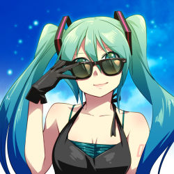 Rule 34 | 1girl, bare shoulders, breasts, caffein, cleavage, commentary, glasses, gloves, green eyes, green hair, halterneck, hatsune miku, light smile, long hair, looking at viewer, matching hair/eyes, md5 mismatch, solo, sunglasses, twintails, upper body, vocaloid