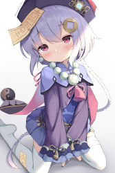 Rule 34 | 1girl, amulet, blush, braid, capelet, coin hair ornament, commentary request, earrings, eyes visible through hair, frilled sleeves, frills, genshin impact, gradient background, grey eyes, hair ornament, hat, head tilt, highres, irokari, jewelry, kneeling, long hair, looking at viewer, low ponytail, necklace, ofuda, ofuda on clothes, pleated skirt, purple eyes, qiqi (genshin impact), sidelocks, simple background, single braid, skirt, solo, talisman, thighhighs, white background, white thighhighs, yin yang, zettai ryouiki