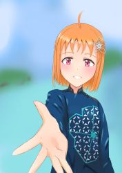 Rule 34 | 1girl, absurdres, artist name, artist request, blue shirt, blue sky, blurry, blurry background, blush, breasts, cloud, collared shirt, earrings, fantastic departure!, female focus, hair ornament, highres, jewelry, kando (motyoritai), long sleeves, looking at viewer, love live!, love live! sunshine!!, orange hair, outdoors, parted lips, reaching, reaching towards viewer, red eyes, shirt, short hair, sky, small breasts, smile, solo, star (symbol), star hair ornament, takami chika, triangle earrings