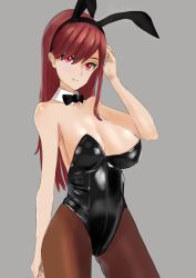 Rule 34 | 1girl, animal ears, black bow, black bowtie, black leotard, bow, bowtie, breasts, brown eyes, brown pantyhose, cleavage, contrapposto, cowboy shot, detached collar, erza scarlet, fairy tail, grey background, large breasts, leotard, looking at viewer, pantyhose, playboy bunny, rabbit ears, rabbit tail, red hair, simple background, solo, standing, strapless, strapless leotard, tail, tsurusu doushi