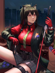 Rule 34 | 1girl, absurdres, animal ear fluff, animal ears, arknights, black coat, black hair, black shorts, breasts, coat, commentary, cowboy shot, ear piercing, echo (echo 516), english commentary, female focus, gloves, green necktie, highres, holding, holding removed eyewear, holding sword, holding weapon, indoors, medium breasts, mouth hold, necktie, official alternate costume, open clothes, open coat, piercing, pouch, red eyes, red gloves, red shirt, shirt, shorts, sitting, solo, sunglasses, sword, tail, texas (arknights), texas (willpower) (arknights), thigh pouch, twitter username, unworn eyewear, weapon, wolf ears, wolf girl, wolf tail