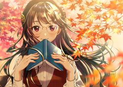 Rule 34 | 1girl, autumn leaves, beret, black hat, blush, book, brown hair, closed mouth, commentary request, glasses, hat, highres, holding, holding book, leaf, long hair, looking at viewer, mole, mole under eye, morikura en, original, red eyes, round eyewear, shirt, smile, solo, upper body, white shirt, yellow-framed eyewear
