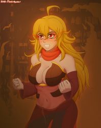 Rule 34 | ahoge, blonde hair, breasts, building, cleavage, commentary, cowboy shot, english commentary, fire, fl00rmaster, highres, large breasts, long hair, orange background, orange scarf, red eyes, rwby, scarf, witch, standing, tagme, vambraces, wavy hair, yang xiao long