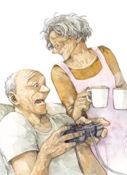 Rule 34 | 1boy, 1girl, apron, bad id, bad pixiv id, closed eyes, controller, cup, drink, game controller, glasses, graphite (medium), grey hair, ina (gonsora), looking to the side, mug, old, old man, old woman, open mouth, original, painting (medium), playing games, playstation controller, short hair, sitting, smile, steam, traditional media, watercolor (medium), white background, wrinkled skin