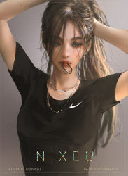 Rule 34 | 1girl, arms up, artist name, black shirt, brown hair, cross, cross earrings, ear piercing, earrings, hair tie, hair tie in mouth, highres, jewelry, lips, looking to the side, mole, mole on arm, mouth hold, necklace, nike (company), nixeu, nose, original, piercing, shirt, tying hair