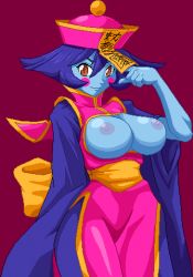Rule 34 | 1girl, blue hair, blue skin, blush stickers, breasts, capcom, china dress, chinese clothes, colored skin, dress, hat, jiangshi, large breasts, lei lei, looking at viewer, lowres, nipples, pixel art, simple background, solo, vampire (game), warner
