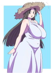 Rule 34 | 1girl, absurdres, black eyes, breasts, brown hair, closed eyes, dress, fat, hat, highres, huge breasts, karaage53ko, long hair, plump, smile, solo, straw hat, sundress, thick thighs, thighs