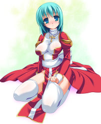 Rule 34 | 1girl, adjusting clothes, adjusting legwear, aiguillette, blush, breasts, cleavage, full body, green eyes, green hair, high priest (ragnarok online), highres, impossible clothes, loincloth, long sleeves, looking afar, looking to the side, pelvic curtain, ragnarok online, short hair, sitting, thighhighs, toujou akira, uniform, wariza, white thighhighs