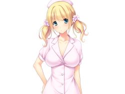 Rule 34 | 1girl, ayase hazuki, blonde hair, blue eyes, blush, breasts, cleavage, collarbone, cosplay, cowboy shot, eyebrows, game cg, hat, large breasts, looking at viewer, nise bitch, nurse, nurse cap, scrunchie, serious, simple background, solo, standing, twintails, uniform, white background
