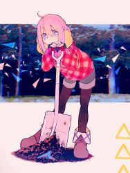 Rule 34 | 1girl, ahoge, bent over, black pantyhose, boots, bright pupils, brown footwear, closed mouth, coat, commentary request, grey shorts, hair between eyes, highres, holding, kagamihara nadeshiko, looking at viewer, mozu 1oo, orange scarf, pantyhose, pantyhose under shorts, pink hair, purple eyes, scarf, shorts, shovel, solo, winter clothes, winter coat, worktool, yurucamp