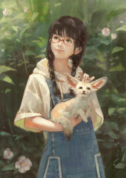 Rule 34 | 1girl, animal, blue eyes, braid, brown hair, closed mouth, commentary request, cowboy shot, dated, drawstring, fennec fox, fox, glasses, highres, holding, holding animal, hood, hood down, hoodie, lips, original, outdoors, overall skirt, pet, petting, plant, realistic, red-framed eyewear, short sleeves, signature, twin braids, white hoodie, xiaobanbei milk