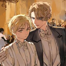 2boys absurdres axis_powers_hetalia black_jacket blonde_hair blue_eyes bow bowtie cubed_(houkuaid) facial_hair formal_clothes france_(hetalia) gloves goatee_stubble green_eyes hand_on_another&#039;s_shoulder highres indoors jacket looking_at_viewer male_focus multiple_boys open_mouth shirt short_hair smile stubble suit thick_eyebrows united_kingdom_(hetalia) vest wavy_hair white_bow white_bowtie white_gloves white_jacket white_shirt white_vest