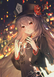 Rule 34 | 1girl, absurdres, black coat, black hat, blush, breasts, brown hair, chen bin, coat, coattails, flower, genshin impact, hat, hat flower, highres, hu tao (genshin impact), long hair, long sleeves, looking at viewer, plum blossoms, red eyes, small breasts, symbol-shaped pupils, twintails, very long hair