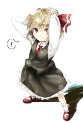 Rule 34 | !, 1girl, arm behind head, arms up, blonde hair, gorilla (bun0615), hair ribbon, highres, long sleeves, mary janes, necktie, red eyes, ribbon, rumia, shirt, shoes, short hair, simple background, skirt, skirt set, smile, solo, spoken exclamation mark, touhou, vest