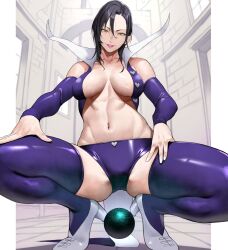 Rule 34 | 1girl, absurdres, black hair, breasts, breasts apart, collarbone, cropped jacket, detached sleeves, hair between eyes, hands on own thighs, high heels, highres, jacket, large breasts, looking at viewer, medium hair, merlin (nanatsu no taizai), mole, mole under eye, nanatsu no taizai, navel, orb, parted lips, purple jacket, purple shorts, purple sleeves, purple thighhighs, short shorts, shorts, simple background, sleeveless, sleeveless jacket, smile, solo, spread legs, squatting, stomach, thighhighs, white footwear, yellow eyes, yoshio (55level)