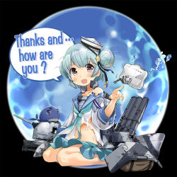 Rule 34 | 1girl, aqua hair, blue background, blue hair, blue sailor collar, blue skirt, blush, brown eyes, bubble, bubble background, dixie cup hat, english text, fang, hair ornament, hat, kantai collection, little blue whale (kancolle), military hat, official art, open mouth, outside border, rigging, round image, sailor collar, samuel b. roberts (kancolle), school uniform, serafuku, shirt, signal flag, sitting, skirt, smile, solo, speech bubble, star (symbol), star hair ornament, submarine, torn clothes, torn shirt, torpedo tubes, united states medal of honor, wariza, watercraft, zeco