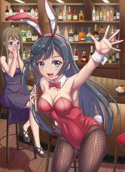 Rule 34 | 2girls, animal ears, bar (place), black hair, book, bottle, bow, bowtie, breasts, brown hair, brown pantyhose, commentary request, counter, covered navel, covering own mouth, detached collar, dress, fake animal ears, fishnet pantyhose, fishnets, glasses, grey dress, grey eyes, highres, indoors, leaning forward, leotard, long hair, love live!, love live! nijigasaki high school idol club, medium breasts, menu, multiple girls, nijigasaki student council vice president, one side up, pantyhose, playboy bunny, purple eyes, rabbit ears, rabbit tail, red bow, red bowtie, red leotard, shelf, stool, strapless, strapless leotard, tail, tsukimi seiya, waitress, wrist cuffs, yuki setsuna (love live!)