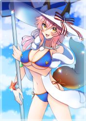 Rule 34 | 1girl, akirai, animal ear fluff, animal ears, beach umbrella, bikini, blue bikini, blush, breasts, cleavage, collarbone, commentary, commentary request, day, fate/grand order, fate (series), fox ears, fox girl, fox tail, hat, large breasts, looking at viewer, ocean, open mouth, outdoors, parasol, pink hair, side-tie bikini bottom, solo, sun hat, swimsuit, tail, tamamo (fate), tamamo no mae (fate/extra), tamamo no mae (swimsuit lancer) (fate), tamamo no mae (swimsuit lancer) (third ascension) (fate), umbrella, yellow eyes