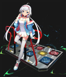 Rule 34 | 1girl, ahoge, arrow (symbol), bare shoulders, black background, blue eyes, blue jacket, breasts, choker, cleavage, dance pad, dress, full body, hair ornament, hairband, halter dress, halterneck, hand up, headphones, headphones around neck, highres, jacket, long hair, looking at viewer, low twintails, medium breasts, off shoulder, open clothes, open jacket, original, pump it up, shoes, silver hair, simple background, smile, sneakers, solo, thighhighs, topu, twintails, very long hair, white dress, white thighhighs, wristband, zettai ryouiki