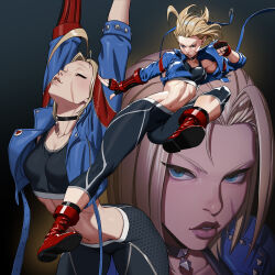Rule 34 | 1girl, absurdres, ahoge, black bra, black leggings, black pants, blonde hair, blue eyes, blue jacket, boots, bra, breasts, cammy white, cleavage, clenched hand, closed eyes, cowboy shot, facial scar, fighting stance, fingerless gloves, full body, gloves, grey bag, hands up, highres, jacket, kicking, leggings, looking at viewer, loped, medium breasts, medium hair, midriff, multiple views, navel, pants, parted bangs, parted lips, pendant choker, red footwear, scar, scar on cheek, scar on face, skin tight, solo, sports bra, street fighter, stretching, toned, underwear