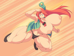 Rule 34 | 1girl, black panties, braid, breasts, female focus, fighting, green eyes, hat, hong meiling, huge breasts, kicking, long hair, muscular, navel, nipples, open clothes, panties, puffy nipples, red hair, shoes, solo, thick thighs, thighs, touhou, uccow, underwear