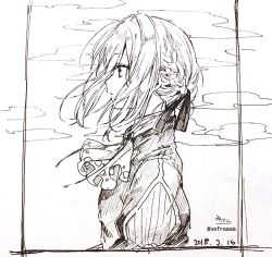 Rule 34 | 1girl, ascot, bow, braid, commentary request, dated, from side, greyscale, hair bow, highres, jacket, looking away, monochrome, photo (medium), profile, puffy sleeves, signature, sofra, solo, traditional media, twitter username, upper body, violet evergarden, violet evergarden (series), white background