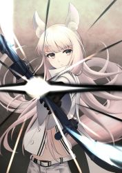 Rule 34 | 1girl, animal ear fluff, animal ears, arknights, black gloves, bow (weapon), cloak, closed mouth, compound bow, firing, firing at viewer, gloves, holding, holding bow (weapon), holding weapon, horse ears, horse girl, horse tail, long hair, looking at viewer, mugiaki, platinum (arknights), ponytail, shorts, simple background, solo, tail, weapon, white cloak, white hair, white shorts