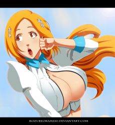 Rule 34 | 1girl, bad id, bad pixiv id, bleach, bleach: sennen kessen-hen, blush, breasts, brown eyes, brown theme, cleavage, cleavage cutout, clothing cutout, covered erect nipples, day, eyeshadow, highres, inoue orihime, kozureokami20, large breasts, letterboxed, lips, long hair, makeup, open mouth, outdoors, range, self-upload, solo, watermark, web address