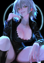 Rule 34 | 1girl, absurdres, bad id, bad pixiv id, black background, boots, breasts, cleavage, fate (series), finger to mouth, grey hair, halo, highres, huge filesize, jeanne d&#039;arc (fate), jeanne d&#039;arc alter (avenger) (fate), jeanne d&#039;arc alter (fate), large breasts, looking at viewer, milin (orange maru), photoshop (medium), short hair, shorts, smirk, solo, spread legs, squatting, yellow eyes