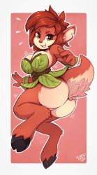 Rule 34 | 1girl, ass, breasts, brown hair, cleavage, elora (spyro), faun, furry, highres, hooves, large breasts, leaf clothing, leaves, looking at viewer, open mouth, red hair, secretly saucy, short hair, spyro (series), tail