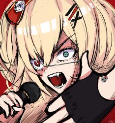 Rule 34 | 1girl, akai haato, blonde hair, blue eyes, bow, broken heart, cheseu, commentary, constricted pupils, fangs, fingerless gloves, gloves, hair bow, hair ornament, hairclip, heart, highres, holding, holding microphone, hololive, looking at viewer, microphone, one eye covered, open mouth, red background, shouting, simple background, solo, virtual youtuber