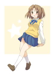 Rule 34 | 00s, 1girl, arms behind back, bad id, bad pixiv id, blue skirt, blush, bow, brown eyes, brown hair, bulge, clothes lift, erection, erection under clothes, futanari, loafers, looking at viewer, no panties, open mouth, penis, penis peek, shoes, skirt, skirt lift, smile, socks, solo, standing, star (symbol), suppy, sweater vest, testicle peek, tsukihime, two side up, walking, yumizuka satsuki
