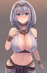 Rule 34 | 1girl, alternate costume, aqua eyes, bare shoulders, bracelet, breasts, choker, cleavage, enumiyaa, gradient background, grey hair, hand up, headdress, highres, hololive, jewelry, large breasts, looking at viewer, midriff, navel, necklace, revealing clothes, shirogane noel, short hair, sleeveless, solo, stomach, upper body, virtual youtuber