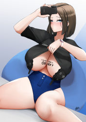 Rule 34 | 1girl, arm up, bare legs, black bra, black shirt, blue eyes, blue shorts, blush, body writing, bra, breasts, brown hair, cellphone, closed mouth, clothes lift, commentary, ear piercing, english commentary, engrish commentary, hand up, heart, high-waist shorts, highres, holding, holding phone, huge breasts, lifted by self, looking at viewer, medium hair, mivioppai, mole, mole under eye, open bra, phone, piercing, product girl, samsung, samsung sam, shirt, shirt lift, shorts, sitting, smartphone, solo, underwear, open bra, wariza, watch, wristwatch, writing on breasts