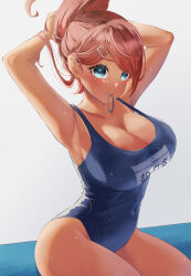 Rule 34 | 1girl, arms up, asahina aoi, bare shoulders, blue eyes, blue one-piece swimsuit, breasts, brown hair, cleavage, collarbone, covered navel, danganronpa: trigger happy havoc, danganronpa (series), dark-skinned female, dark skin, hair ornament, hair tie in mouth, hairclip, hands in hair, highres, kitsune yuki, large breasts, looking at viewer, mouth hold, one-piece swimsuit, school swimsuit, short hair, sitting, solo, swimsuit, wet