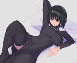 Rule 34 | 1girl, absurdres, arm up, black dress, black thighhighs, breasts, coat, daniel deves, dress, fubuki (one-punch man), fur coat, green eyes, green hair, highres, jacket, jewelry, large breasts, leg up, long dress, long sleeves, lying, necklace, on back, on floor, one-punch man, pearl necklace, short hair, side slit, smile, solo, taut clothes, taut dress, thighhighs, tight clothes, tight dress, unworn jacket, white jacket