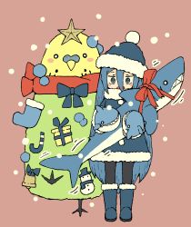 Rule 34 | 1girl, absurdres, animal, bell, bird, blue dress, blue eyes, blue footwear, blue hair, blue hat, blush stickers, boots, bow, box, brown background, candy, candy cane, christmas, christmas stocking, commentary, dress, food, fukada ichika, fur-trimmed boots, fur-trimmed dress, fur-trimmed headwear, fur trim, gift, gift box, hair between eyes, hat, highres, hugging object, long hair, open mouth, original, oversized animal, parakeet, red bow, santa hat, snowing, snowman, solo, standing, star (symbol), stuffed animal, stuffed shark, stuffed toy, very long hair, yukimoto shuuji (gurigura)