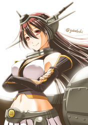 Rule 34 | 10s, 1girl, black gloves, black hair, blush, breasts, cowboy shot, crossed arms, elbow gloves, female focus, fingerless gloves, gloves, hair between eyes, headgear, kantai collection, large breasts, long hair, looking at viewer, machinery, midriff, nagato (kancolle), navel, red eyes, skirt, sogabe toshinori, solo, twitter username, white background